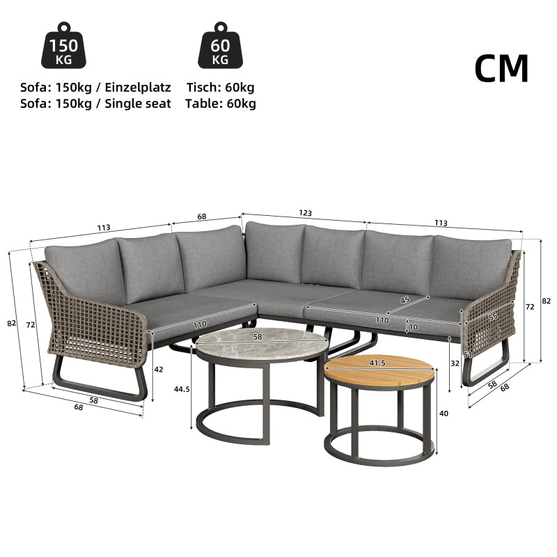 Gartenmöbel-Set für 6-7 Personen, Outdoor-Lounge-Set, Rattan-Handwerk, mit zwei Tischen, mit verzinktem Eisengestell, verstellbare Beine, inklusive aller Sitz- und Rückenkissen, grau