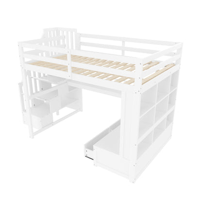 140x200 Hochbett mit Schreibtisch und Regalen, zwei integrierten Schubladen, Stauraumtreppe, weiß