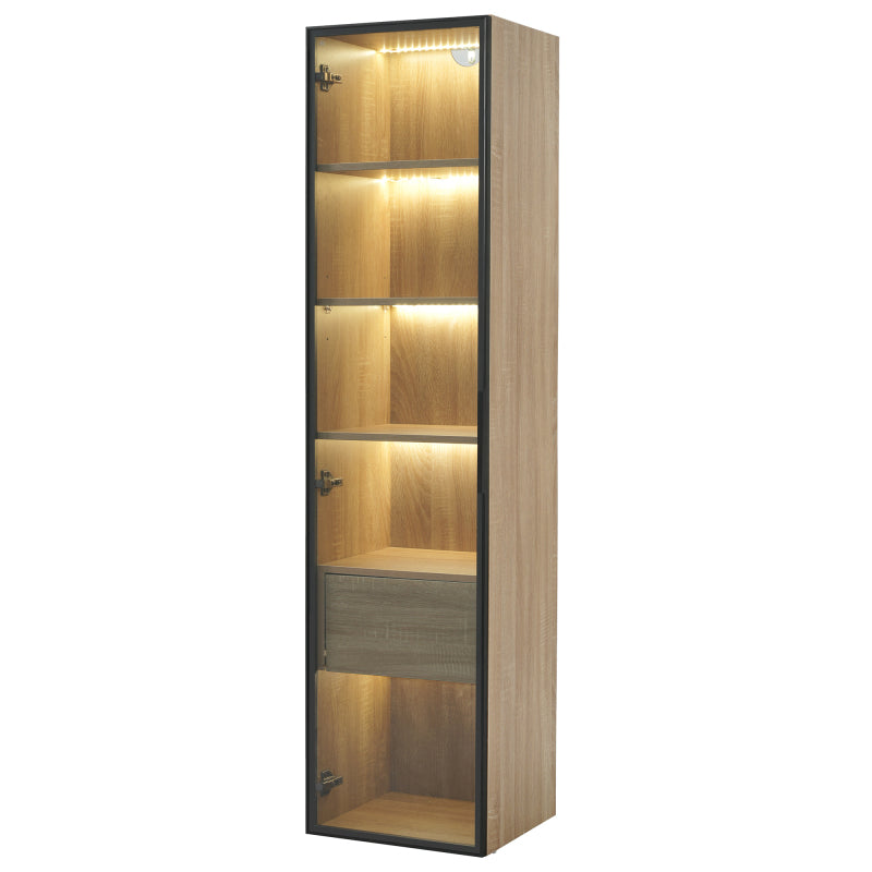 Badezimmerschrank, mittel, mit Lichtleiste, 40 cm breit, mit 1 großen Schubladen und 1 Türen, Glastür