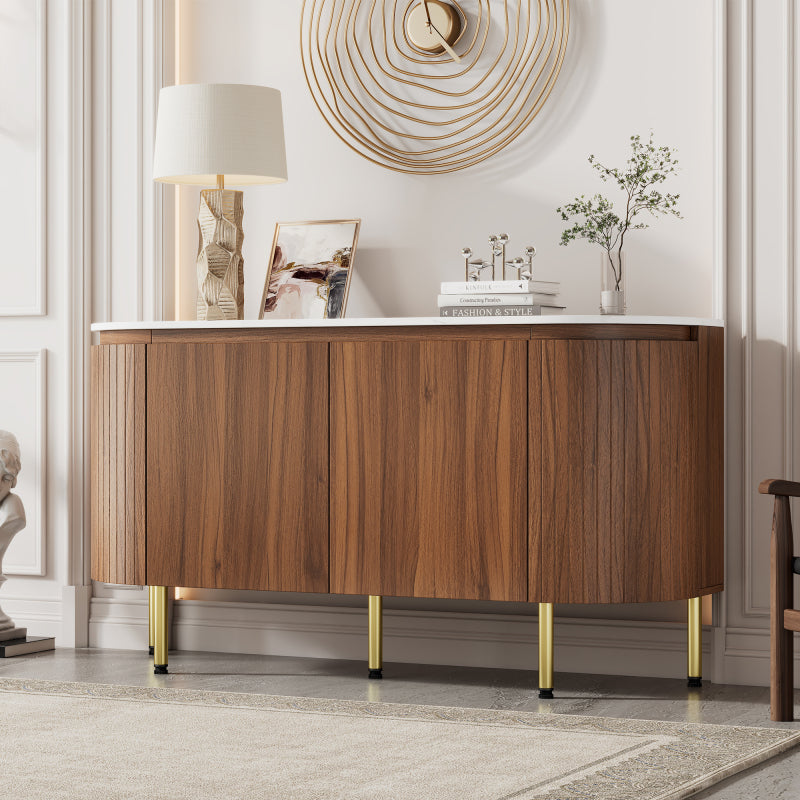 Moderner Bogenförmiger Sideboard mit verstellbaren Regalen und Metallbeinen, ideal für Wohnzimmer und Esszimmer (Nussbaum)