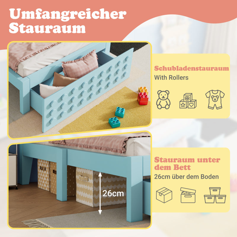 Holzbett Einzelbett 90x200 cm, Kinderbett Jugendbett mit Kreativem Block Design, Massivholz Bettgestell mit Lattenrost, mit Schubladen & Unterm Bett Stauraum, Ohne Matratze