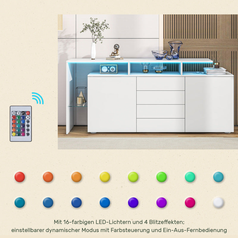 Kommode, Sideboard mit LED, Wohnzimmermöbel in Weiß Hochglanz, Wohnzimmerschrank, Standschrank, TV-Schrank, Wohnzimmerwand, Highboard, Mehrzweckschrank, LED-Vitrine, Buffetschrank Esszimmer