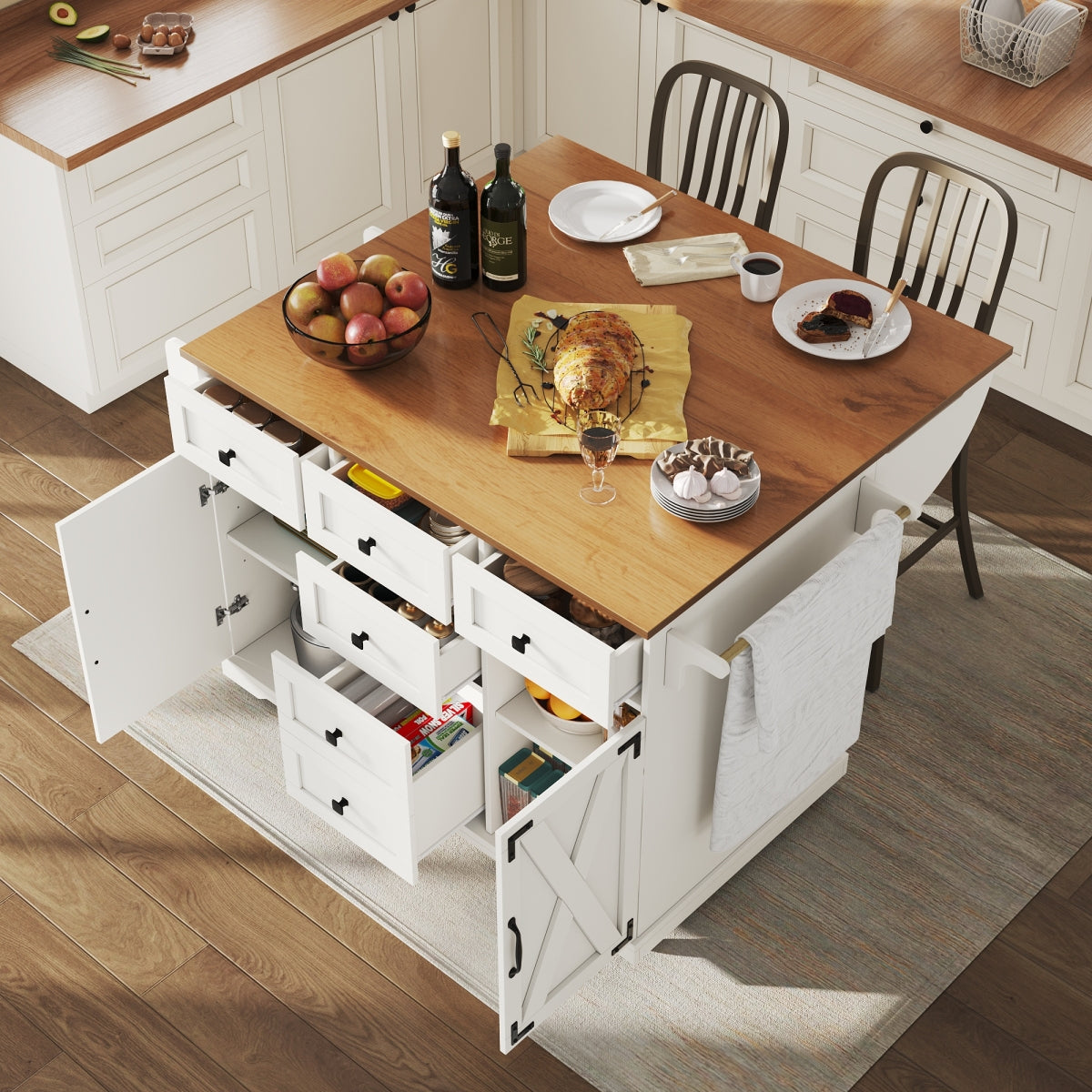 Kücheninsel 147cm klappbar Servierwagen Weiß & Holzoptik, Multifunktionaler Esstisch & Buffetschrank, Mobiler Küchenwagen mit Stauraum