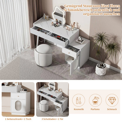 Schminktisch mit LED-Spiegel und Beleuchtung - Weißes Schminktisch-Set für Schlafzimmer mit drei geräumigen Schubladen und einer Tür (ohne Hocker)