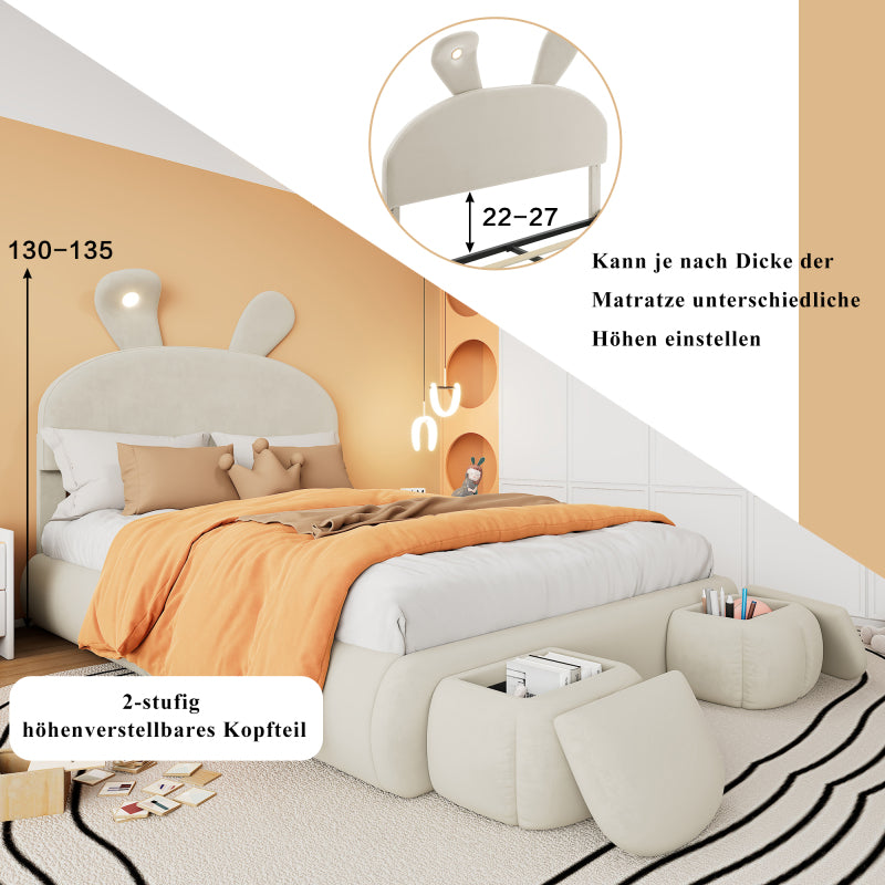 Polsterbett, Doppelbett, hydraulisches Bett, Hasenohren mit einstellbarer Helligkeit warmfarbenen Lichtstreifen, Stauraum unter dem Bett, zwei Aufbewahrungshockern, Samt, Beige, 140x200cm