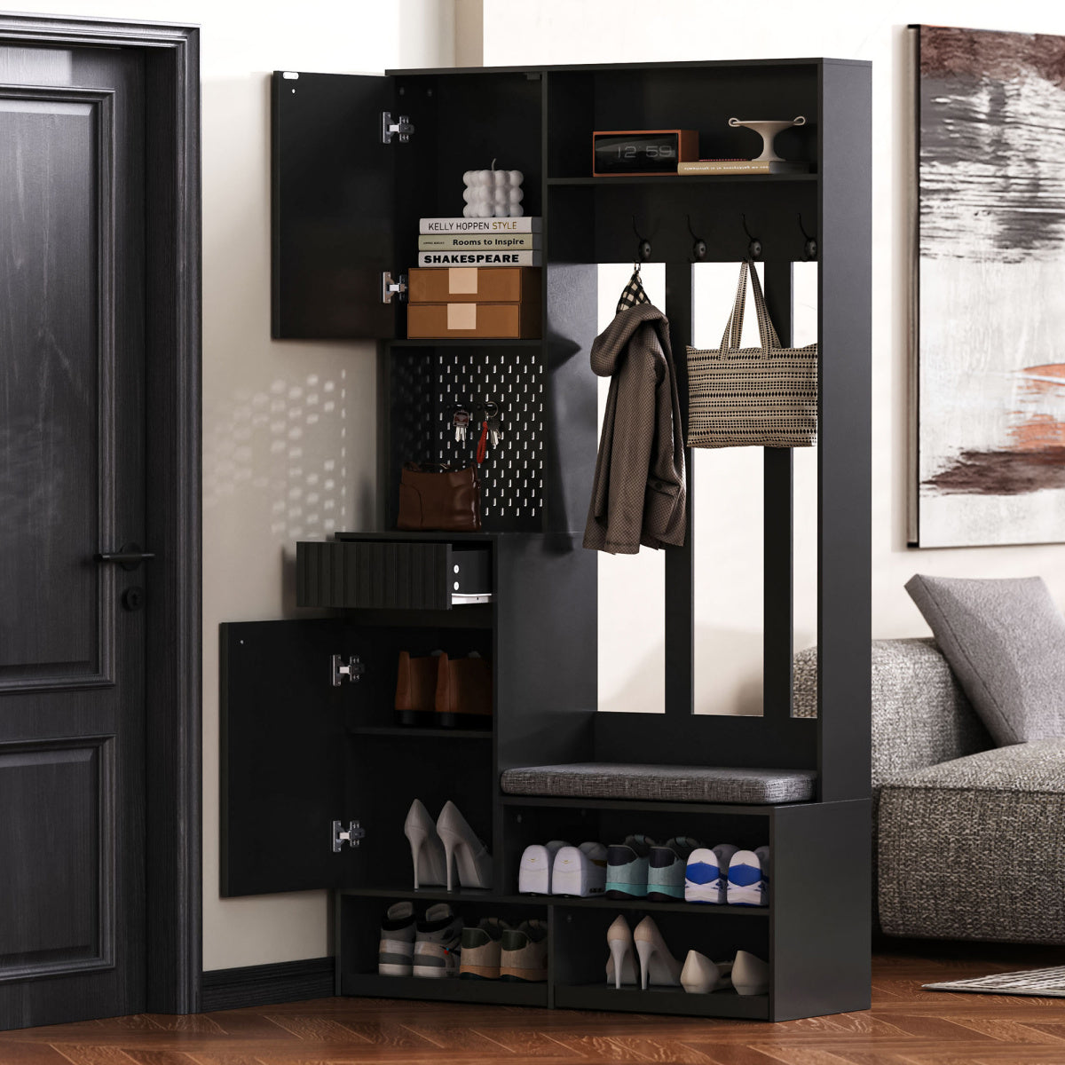 Garderobenset mit Sitzbank, Pegboard, 4 Haken, 2 Schubladen & Schrank, MDF, Schwarz, 100×35×180 cm