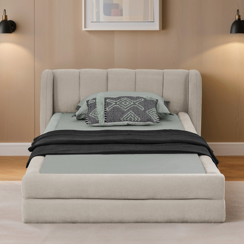 Einzelbett 90x200 cm, hautfreundlicher Chenille Stoff, komfortables Rückenlehne, auch als Kinderbett geeignet, Beige (ohne Matratze)