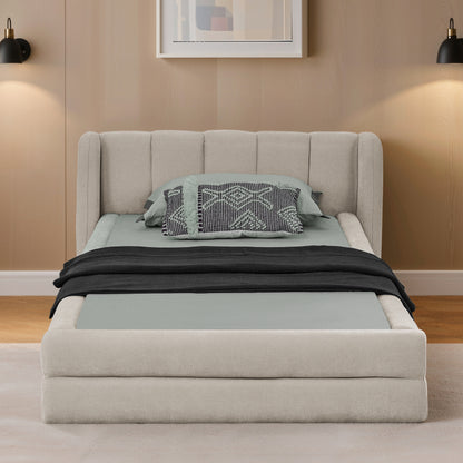 Einzelbett 90x200 cm, hautfreundlicher Chenille Stoff, komfortables Rückenlehne, auch als Kinderbett geeignet, Beige (ohne Matratze)