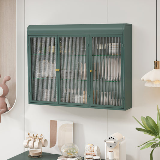 3 Door Arched Wall Mounted Glass Cabinets for Kitchen, Living Room and Bathroom(Dark green)