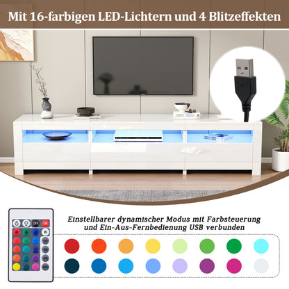Weißer Hochglanz-TV-Schrank mit LED-Beleuchtung und Stauraum, weißes niedriges Paneel, bietet Platz für 80-Zoll-Fernseher, TV-Unterschrank mit herunterklappbarer Schranktür, 190 x 24 x 40 cm