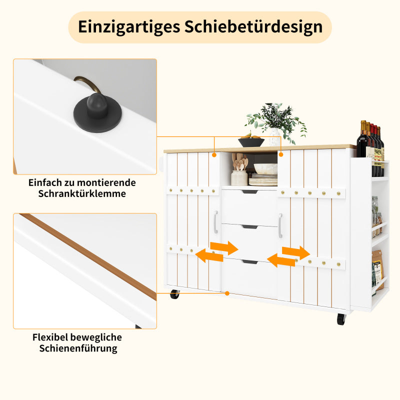 Küchenschrank, Servierwagen mit Holzmaserung, Küchenwagen mit rollen und arbeitsplatte, Küchenwagen mit Gewürzregal und Handtuchhalter, Kücheninsel mit Schiebetüren und Schubladen, weiß