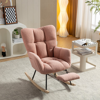 Neuer moderner Schaukelstuhl mit Polsterung und Teddystoff, mit ausziehbarer Fußstütze, Rosa