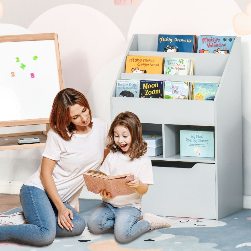 Kinder Bücherregal Kinderregal mit Schublade, 3 Ablagefächern und 2 offenen Fächern, Aufbewahrungsregal für Kinderzimmer, Spielzimmer, Grau