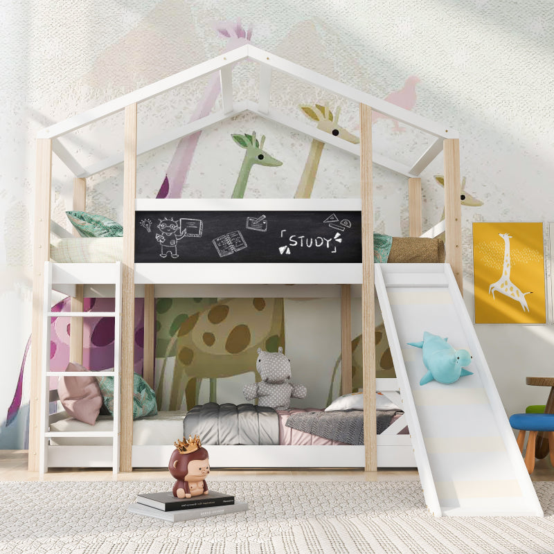 Kinderbett Baumhaus mit Rutsche & Leiter 90 x 200 cm, Hochbett für Kinder– 2x Lattenrost- Natur & Weiß