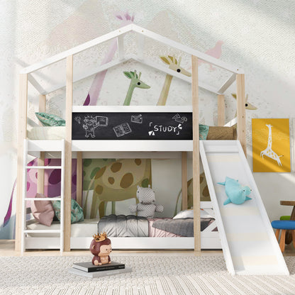 Kinderbett Baumhaus mit Rutsche & Leiter 90 x 200 cm, Hochbett für Kinder– 2x Lattenrost- Natur & Weiß