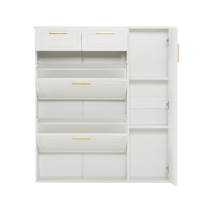 Moderne Schuhschrank, mit verstellbaren Regalen, goldenen Griffen, Schubladen, Klappschuhschrank und Türen,  weiß, B95/D24/H107.5