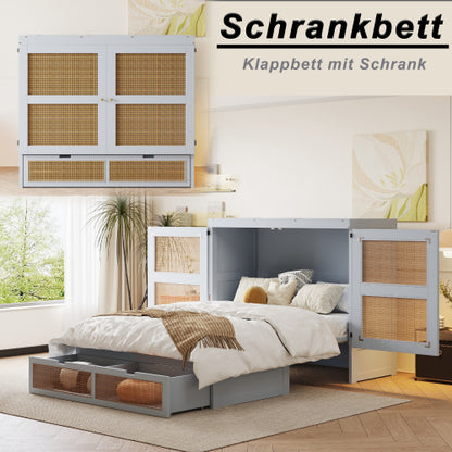 Schrankbett 140 x 200 cm, Wandbett mit Lattenrost, Wandklappbett, Rattan-Design, Holzbetten, Jugendbetten, Einzelbetten, Grau