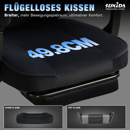 Gaming Stuhl Stoff, Ergonomischer Gaming Chair mit Fußstütze, Verstellbarer Racing Computerstuhl mit Lordosenstütze, Schwarz Ergonomisch PC-Stuhl