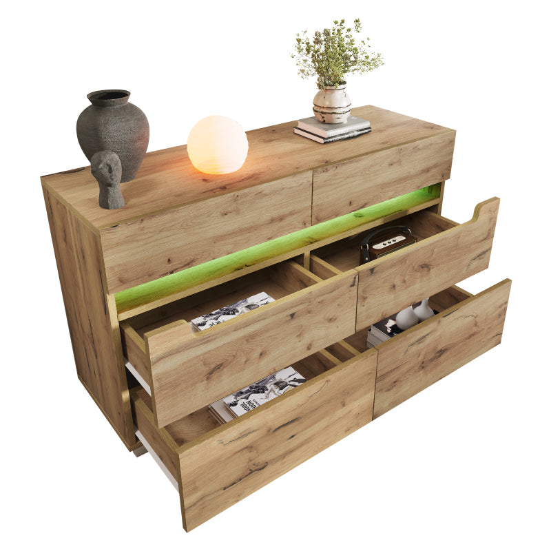 Kommode, Sideboard Holz mit 6 Schubladen, LED Beleuchtung (App Control), Mehrzweckschrank für Wohnzimmer und Schlafzimmer, 71 x 120 x 40 cm, Eiche
