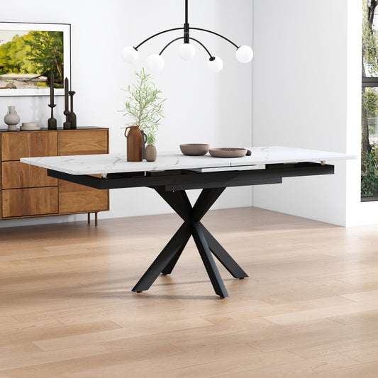 Erweiterbarer Esstisch,  L150/180 x B70 x H76 cm, Kreuzbein-Design, Marmorstruktur, Schwarz und Weiß