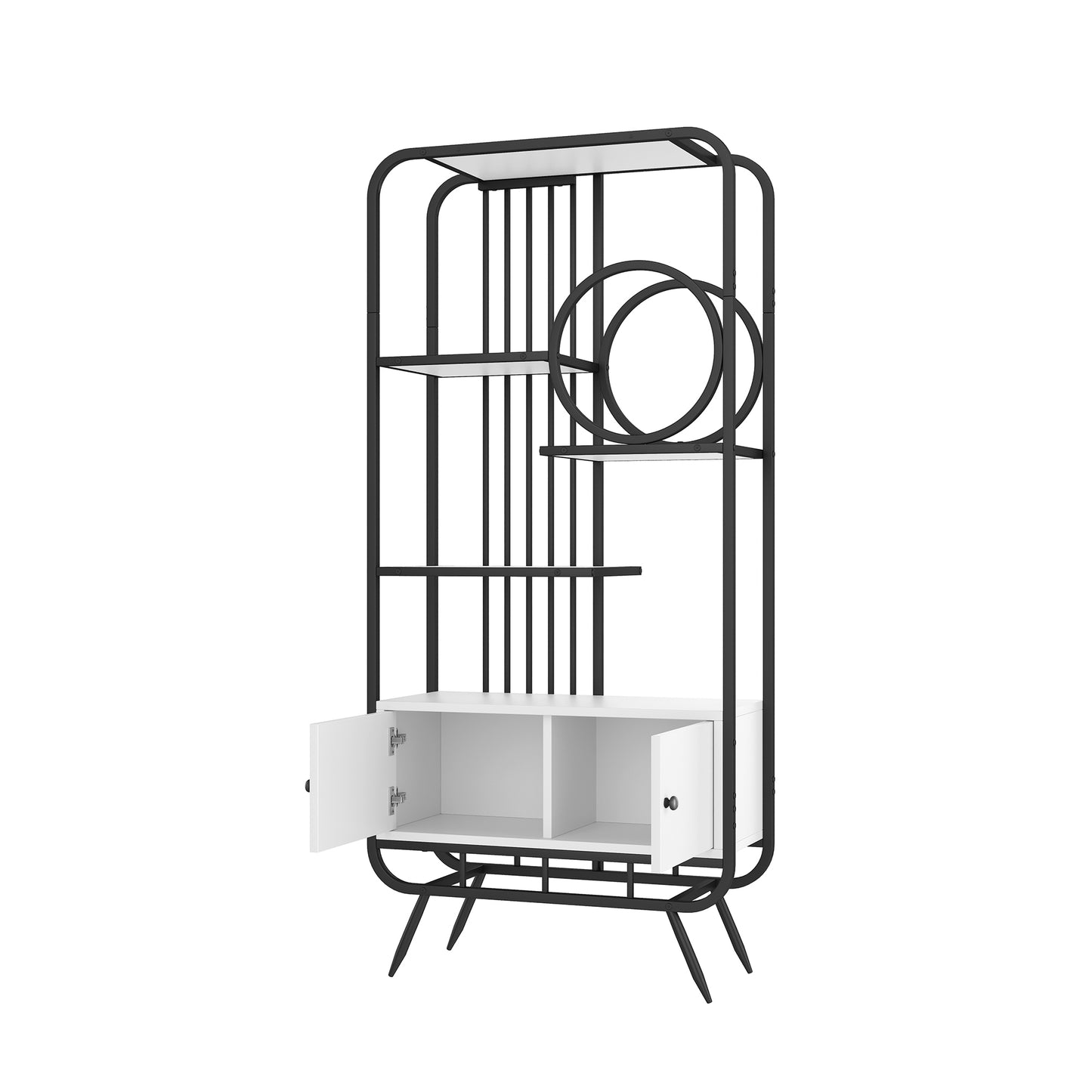 80 x 30 x 180 cm Metallregal, weißer Lagerschrank mit Doppeltür, drei Regalböden, schwarzes Metallregal, hohe Metallfüße, runde Dekoration, weiß + schwarz