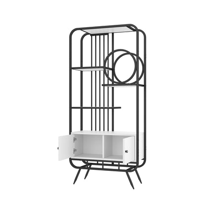 80 x 30 x 180 cm Metallregal, weißer Lagerschrank mit Doppeltür, drei Regalböden, schwarzes Metallregal, hohe Metallfüße, runde Dekoration, weiß + schwarz
