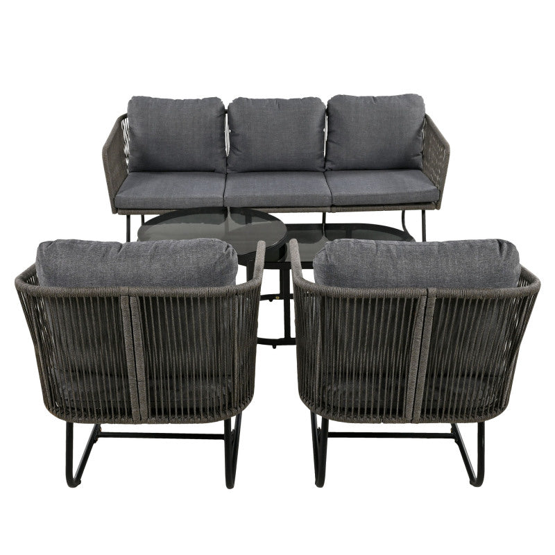Garten-Lounge-Set mit Rahmen aus verzinktem Eisen, Gartenmöbel-Set aus Seil, graues Seil, verstellbare Füße, Tischplatte aus glattem Glas, 5er-Set, inklusive aller Sitz- und Rückenkissen