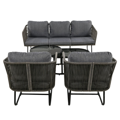 Garten-Lounge-Set mit Rahmen aus verzinktem Eisen, Gartenmöbel-Set aus Seil, graues Seil, verstellbare Füße, Tischplatte aus glattem Glas, 5er-Set, inklusive aller Sitz- und Rückenkissen