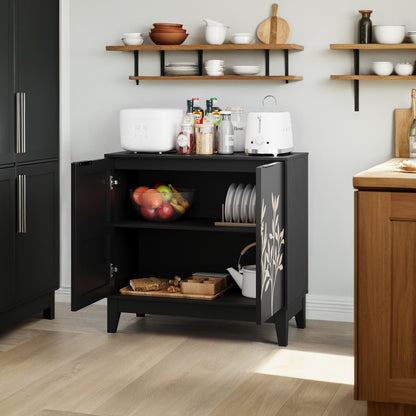 Vintage Buffetschrank mit Schnitzerei, 2 Türen & verstellbaren Regalen – Holz Sideboard für Wohnzimmer, Küche & Esszimmer, Schwarz