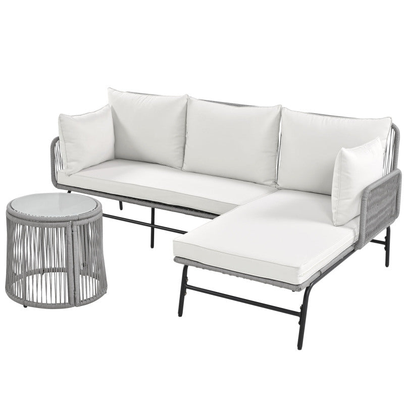 Gartenlounge-Set, Gartenmöbel-Set, Mit Eisenrahmen und grauem Seil, Gartenmöbel aus gewebtem Seil für den Außenbereich, Grau, Zwei Sessel, zwei 2-Sitzer-Sofas und zwei Tische (alle Kissen inklusive)