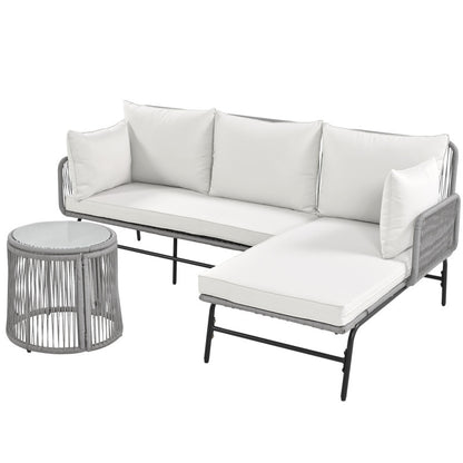 Gartenlounge-Set, Gartenmöbel-Set, Mit Eisenrahmen und grauem Seil, Gartenmöbel aus gewebtem Seil für den Außenbereich, Grau, Zwei Sessel, zwei 2-Sitzer-Sofas und zwei Tische (alle Kissen inklusive)