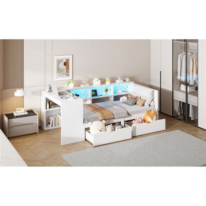 90x200 Holz-Plattformbett mit Ablageflächen, Schubladen, Ladestation und gepolstertem Kopfteil, Mit bunten LED-Leuchten, Weiß