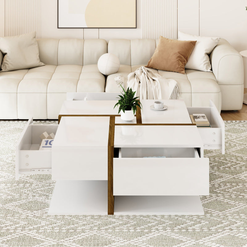 Hochglanz-Couchtisch, Tisch mit 4 Schubladen, einzigartige Farbabstimmung und Liniendesign, Stauraum unten. 78*78*34,8cm