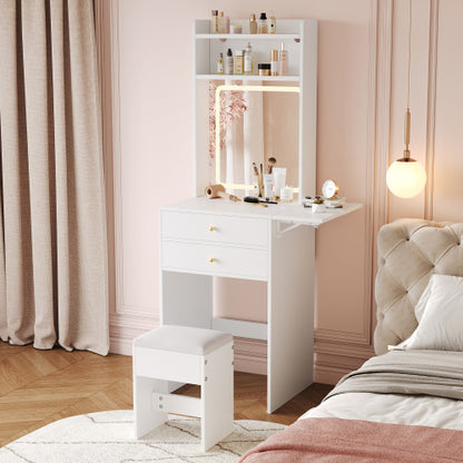 Schminktisch mit klappbarer Tischplatte, Frisiertisch Weiß 75cm, LED Spiegel (dimmbar, 3 Farben) & Stauraum