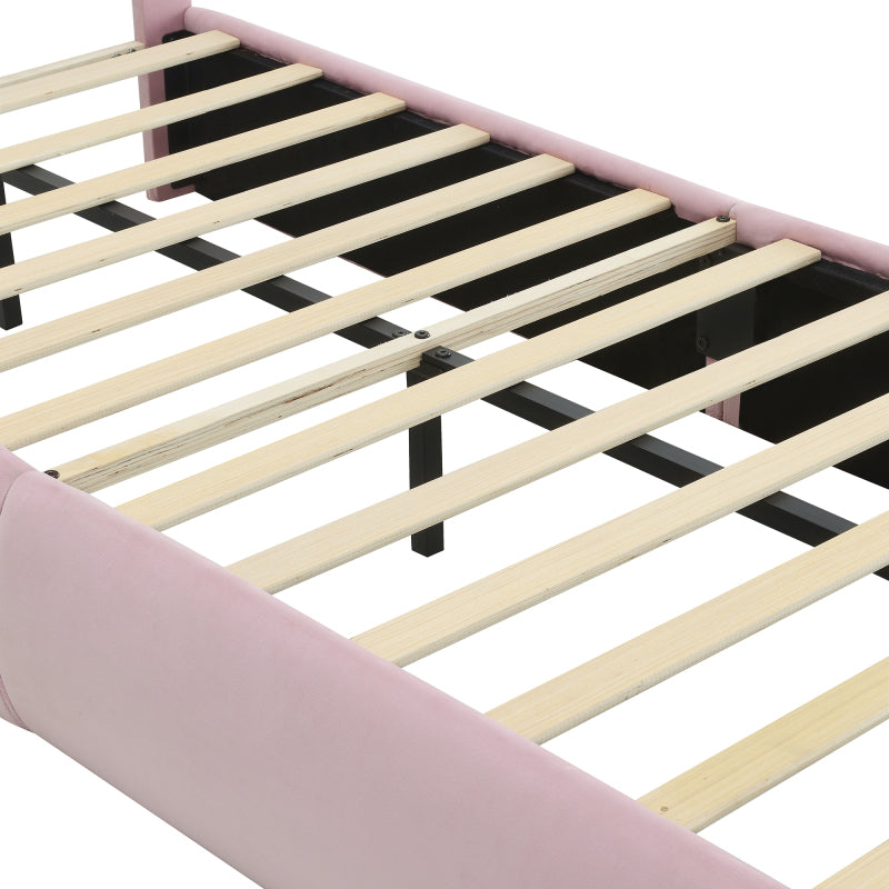 Polsterbett, Einzelbett, Hasenohren mit einstellbarer Helligkeit warmfarbenen Lichtstreifen, mit zwei Aufbewahrungshockern, Kinderbett mit Holzlatten, Samt, Rosa, 90x200cm