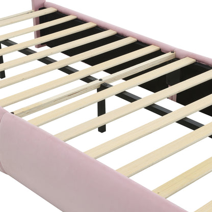Polsterbett, Einzelbett, Hasenohren mit einstellbarer Helligkeit warmfarbenen Lichtstreifen, mit zwei Aufbewahrungshockern, Kinderbett mit Holzlatten, Samt, Rosa, 90x200cm