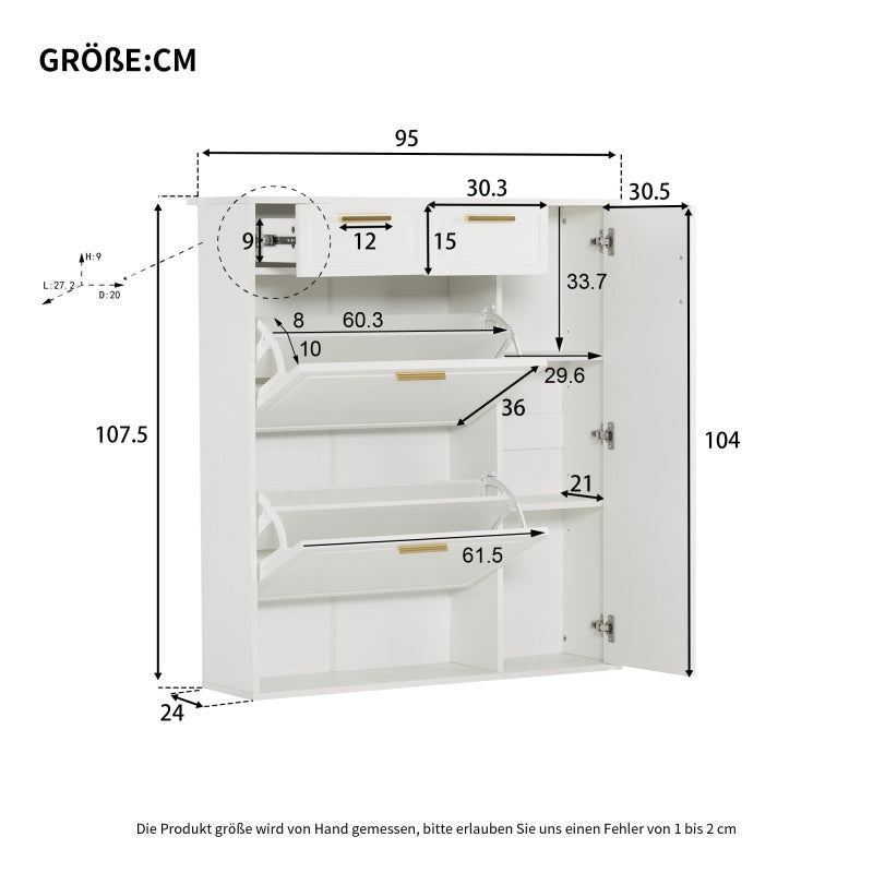 Moderne Schuhschrank, mit verstellbaren Regalen, goldenen Griffen, Schubladen, Klappschuhschrank und Türen,  weiß, B95/D24/H107.5