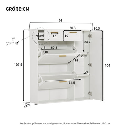Moderne Schuhschrank, mit verstellbaren Regalen, goldenen Griffen, Schubladen, Klappschuhschrank und Türen,  weiß, B95/D24/H107.5
