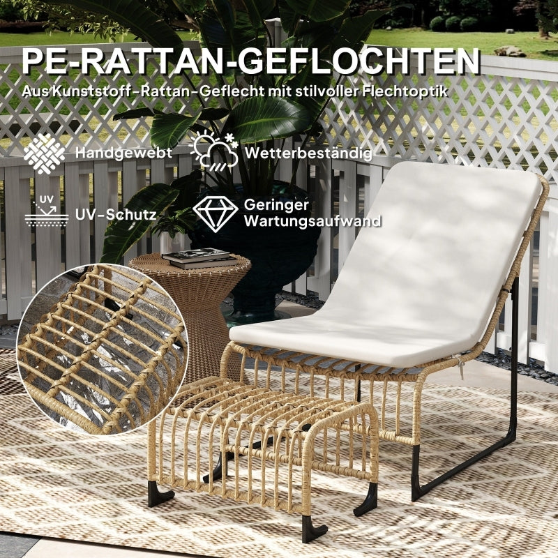 Rattan Relaxsessel mit Fußhocker, Outdoor Rattanstuhl Gartenstuhl für Garten, Balkon, Terrasse, Naturholz
