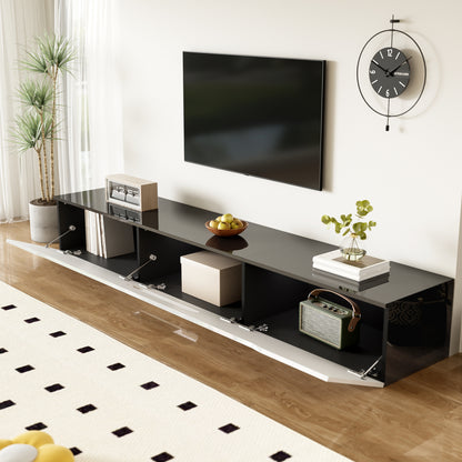 Schwarz-weißer TV-Schrank, 180 cm lang, Hochglanzoberfläche, mit 16-farbiger LED-Beleuchtung, wandmontierbar