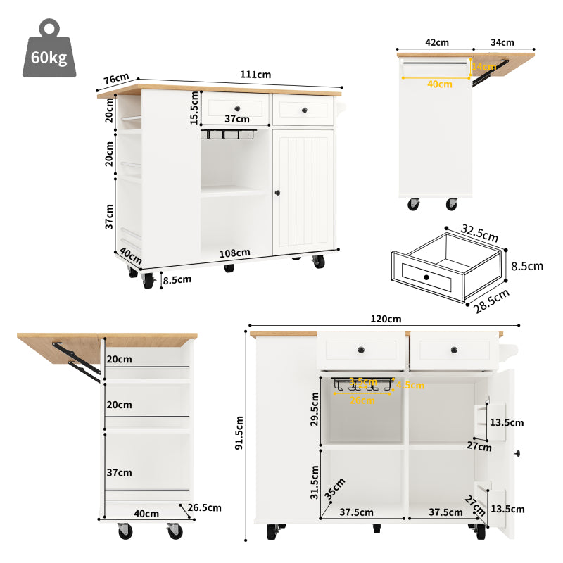 Kücheninsel mit herausnehmbaren Trennwänden, Küchenschrank, Esszimmerwagen mit Arbeitsplatte, Buffetschrank, Esszimmerwagen mit Holzmaserung, ausgestattet mit Snackhalter und Weinglasregal, weiß