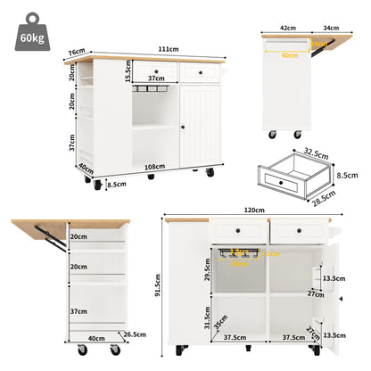 Kücheninsel mit herausnehmbaren Trennwänden, Küchenschrank, Esszimmerwagen mit Arbeitsplatte, Buffetschrank, Esszimmerwagen mit Holzmaserung, ausgestattet mit Snackhalter und Weinglasregal, weiß