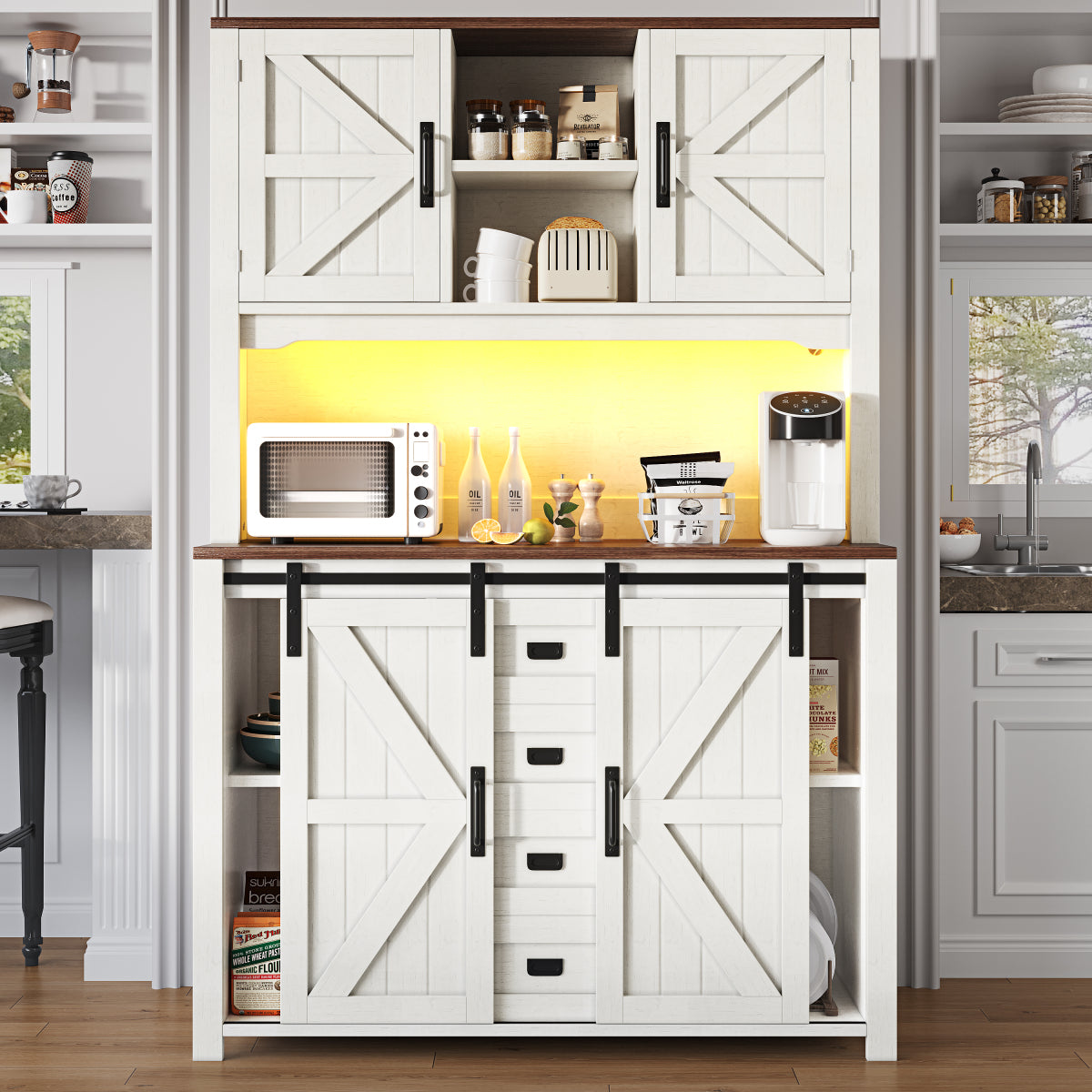 Küchenschrank 115x40x175cm hohes Sideboard Weiß mit App-LED-Beleuchtung, X-Design Schiebetüren, 2 Schubladen & Magnetklappen, Küchenbuffet