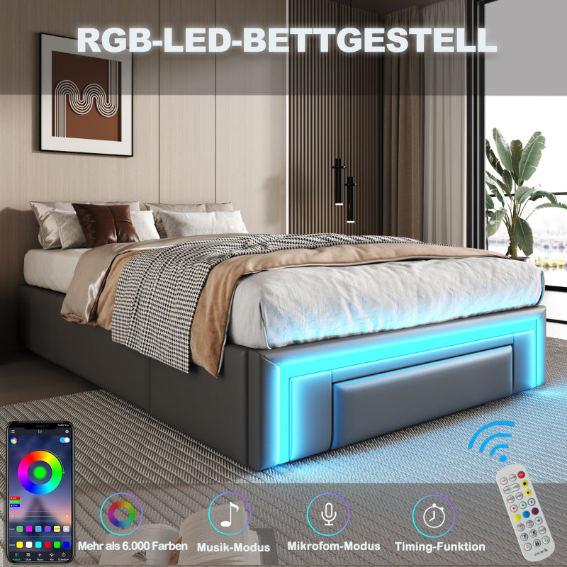 Bettgestell 90X200 mit Schubladen, PU-Leder Bett ohne Kopfteil Mit LED-Lichtleiste, MetalllattenPlattformbett für moderne Schlafzimmer Grau