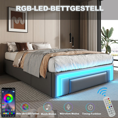 Bettgestell 90X200 mit Schubladen, PU-Leder Bett ohne Kopfteil Mit LED-Lichtleiste, MetalllattenPlattformbett für moderne Schlafzimmer Grau