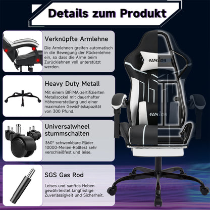 Gaming Stuhl Computerstuhl Ergonomischer Gaming Chair mit Fußstütze Bürostuhl Ergonomischer Computerstuhl mit Lendenwirbelstütze