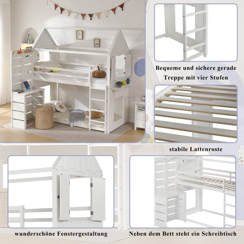 Etagenbett, Hausbett, Kinderbett mit Fallschutz und Gitter, mit Tisch, Offenes Regal, zwei Fenster, Reichlich Stauraum, Kiefer+MDF, Weiß, 90x200cm