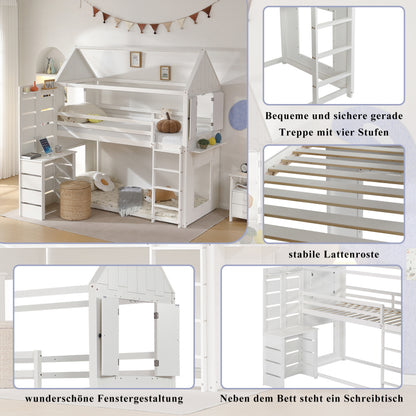 Etagenbett, Hausbett, Kinderbett mit Fallschutz und Gitter, mit Tisch, Offenes Regal, zwei Fenster, Reichlich Stauraum, Kiefer+MDF, Weiß, 90x200cm