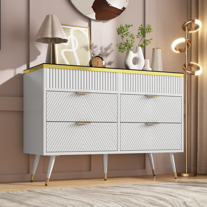 Kommode Sideboard aus Bernstein Glas, Kommode mit 6 Schubladen,Facheinteilung, kippsicher, Hochschrank für Schlafzimmer und alle Wohnräume, 120 x 40 x 76 cm, weiß