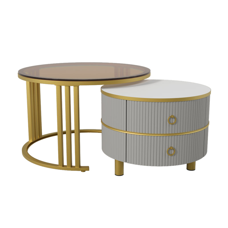 2-in-1 runder MDF-Couchtisch, Beistelltisch mit 1 Hochglanz-Tischplatte und 1 brauner Tischplatte aus gehärtetem Glas, Wohnzimmer-Couchtischkombination mit 2 Schubladen, 70*70*45 + 50*50*40 cm